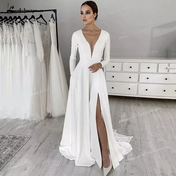 Бели Елегантни булчински рокли с дълъг ръкав vestidos de noche от еластичен сатен с V образно деколте, секси вечерен халат за баня с цепка отстрани, женски вечер