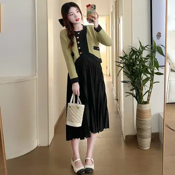 Зимна Корейски стил, Вязаный жилетка за бременни + Дебнещ Плиссированное рокля за хранене, Комплект от две части, Комплект дрехи за бременни и кърмещи