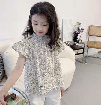 Летни дрехи за малките момичета, сладко отгоре с флорални принтом и ръчна бродерия, детска памучен тениска