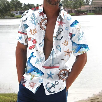 Лятна Мъжка риза с ревера, дрехи с къс ръкав, Тениска със забавна принтом, Мъжки дрехи за почивка, Плажни ризи За мъже, Хавайски пуговица