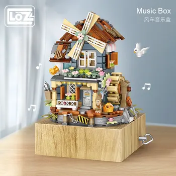 LOZ класическа музикална ковчег с вятърна мелница музикална ковчег от малки частици, събрани строителни блокове, играчка-пъзел 