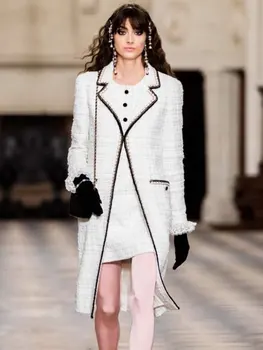 Висококачествено дамско вълнена разлика палто в стил Old Пари, жена есенно-зимно палто с прав лъч, голям тренч, карирани туид
