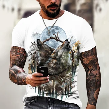 Нова мъжка тениска с 3D животно принтом, Летни Блузи с кръгло деколте и къси ръкави във формата на Вълк, Модни красива тениска Оверсайз За мъжки Дрехи