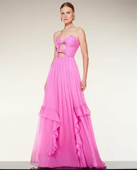 Дълги Ярко-розови вечерни рокли с V-образно деколте, Секси рокли трапецовидна форма, без ръкави в сгъвката на Дължина до пода, вечерни рокли за абитуриентски бал за жени