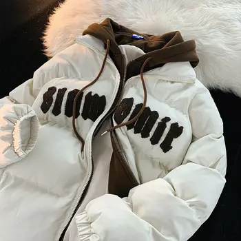 Памучен яке с качулка в американски стил в стил ретро, с стекающимися букви, Свободни ежедневни разнообразни зимни палта за жени