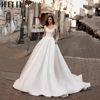 JEHETH Реколта сатен Сватбени рокли Трапецовидна форма, Класически Дантелени апликации, Дълги ръкави, Сватбена рокля с отворен гръб, Vestido De Noiva