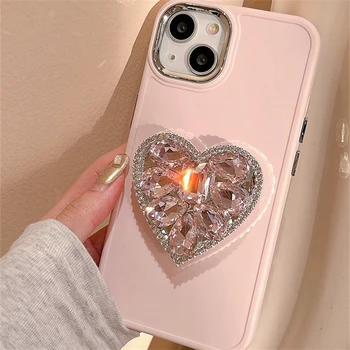 Сладко Розово притежателя с диаманти и сърце за iphone 14 12 13 11 Pro Max, Корея, Япония, лесна поставка за момичета, мек силиконов калъф
