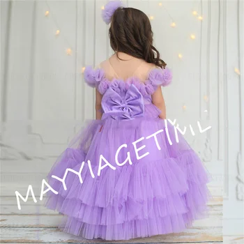 Лилави фатиновые рокля с цветен модел за момичета, 2023, Трапециевидное Пищни детско Сватбена рокля с къси ръкави и лък, Сладък рокли на Принцеси за момичета