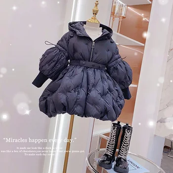 Модерно зимно яке за момиченца с памучна подплата за деца, Дълго палто с качулка за тийнейджъри, Детска Плътна горна дреха в цвят черно с Цветен модел XMP387