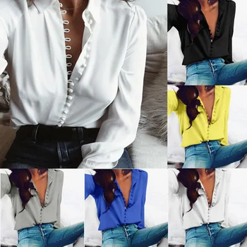 Дамски блузи 2023, Нова Нерегулярная однотонная Поло риза, женска тениска с V-образно деколте, Секси блуза с дълъг ръкав, Дамски Ризи