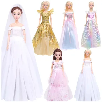 Бална рокля от плат за кукли принцеси, Елегантни и Многопластова пола, Празнична дрехи, Було, Дълга Сватбена рокля за Барби кукли, Аксесоари, Много стилове