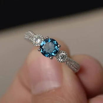 Луксозни елегантни дамски пръстени с кръгла синьо кубическим цирконием, изискани дамски пръстени за партита на годишнина от сватбата, нови бижута