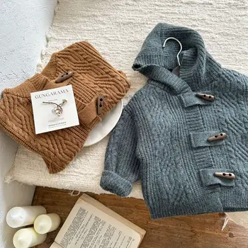 Детски пуловер 2023, пролет-есен, Нов модерен монофонични вязаный жилетка за момчета и момичета, детски ежедневното просто палто с качулка