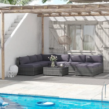Комплект мебели от ратан, 8 позиции, определени за разговори на открито, сплетен диван за вътрешен двор, лесно се монтира за външни градини в задния двор