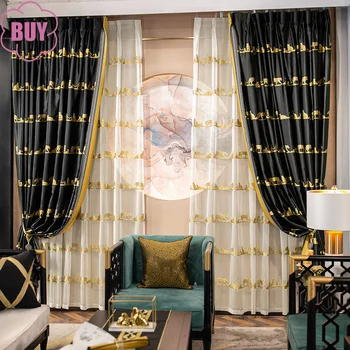 Плътни завеси в китайски стил с черни и златни бродерии за дневна, кабинет, спалня, на екрана на прозореца, Вила на поръчка