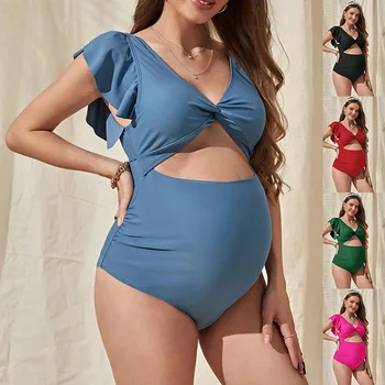 Бански костюми с рюшами по краищата за бременни, дрехи за плуване, бански костюм за бременни, секси бански с V-образно деколте без облегалка, бански костюми за бременни