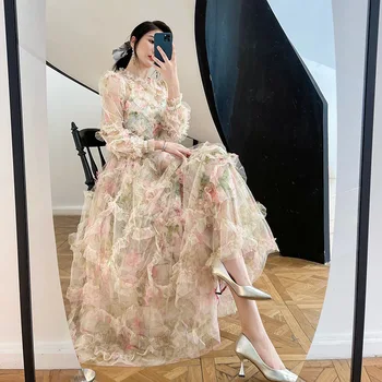 Рокля с дълги ръкави и цветен модел 2023, трансграничная нова дамски дълга пола във френски стил феи Хепбърн, пола принцеса в придворном стил