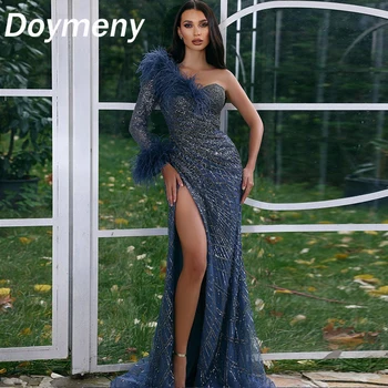 Жена блестяща рокля за бала Doymeny, расшитое мъниста, с висока цепка на едно рамо, един коктейл рокля на Русалка с дълъг ръкав, официални рокли за партита